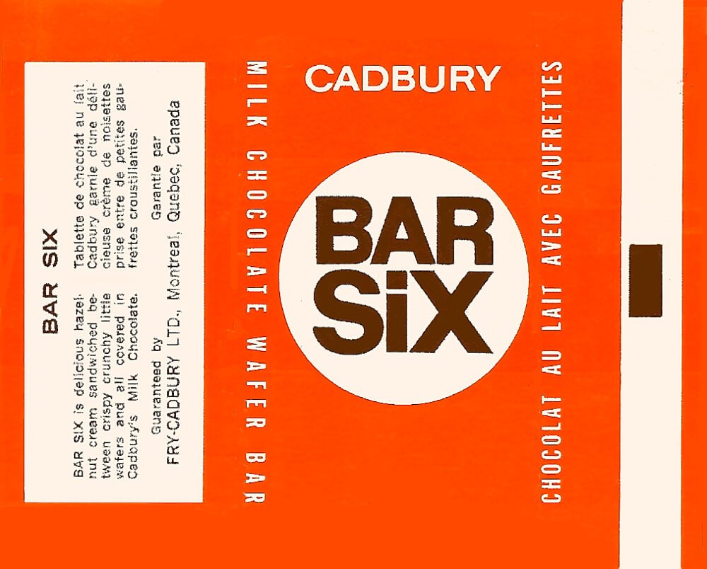 Cadbury Bar Six wrapper, orange and white (Canadian)