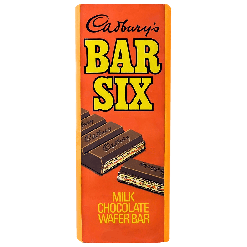 Cadbury's Bar Six with orange wrapper and yellow text title