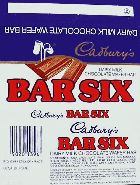 Cadbury's Bar Six wrapper from 1988, purple and white with red title text