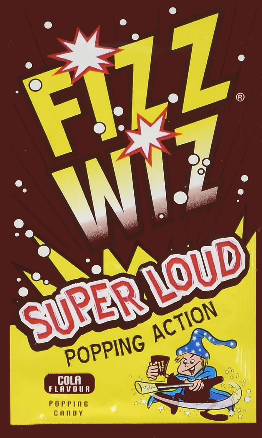 A packet of Fizz Wizz cola flavour with brown and yellow colours