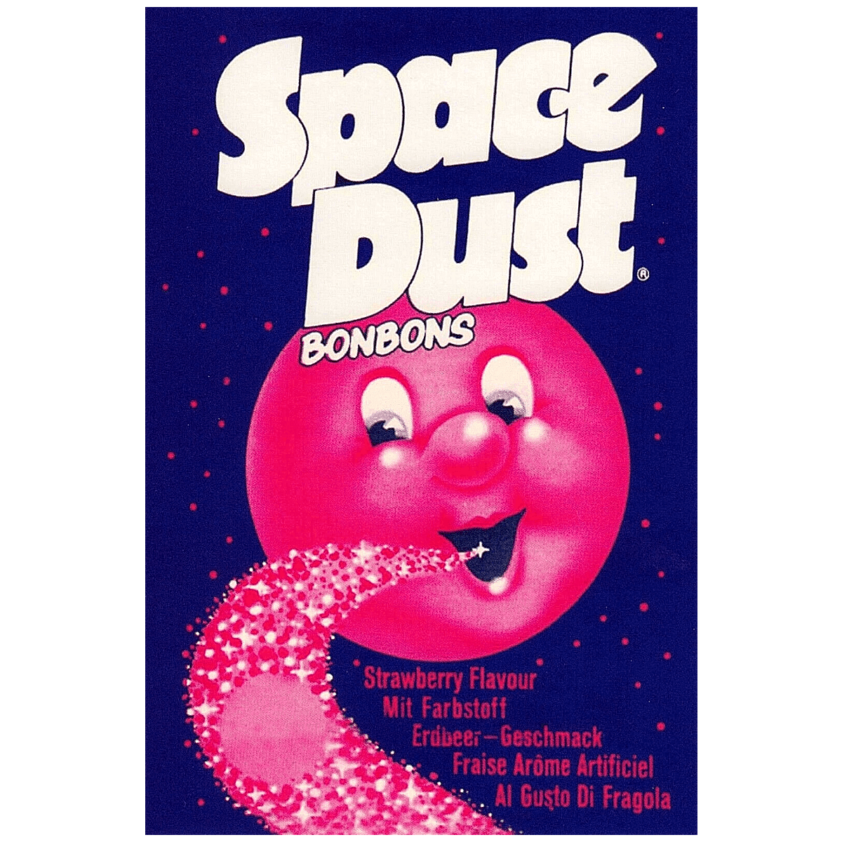 Packet of Space Dust Bonbons strawberry flavour from th 1970s with purple and pink colouring