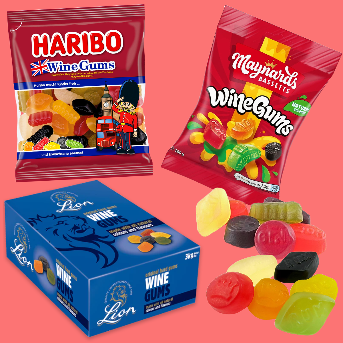 An assortment of Wine Gum brands with a pink background