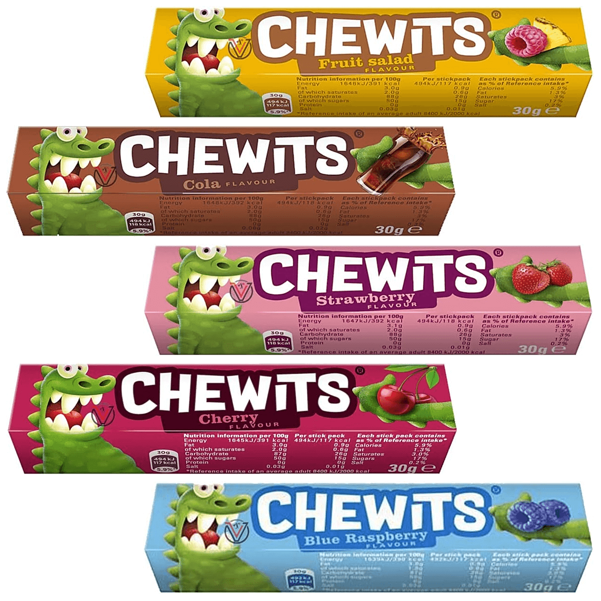 Five sticks of Chewits, Fruit Salad (orange), Cola (brown), Strawberry (pink), Cherry (red), Blue Raspberry (blue)