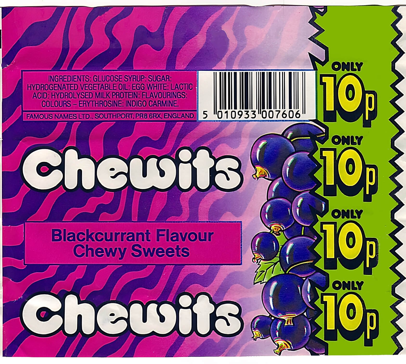 Chewits Blackcurrant Flavour. Pink and purple wrapper from 1989, Only 10p highlighted in yellow and black with a green background.