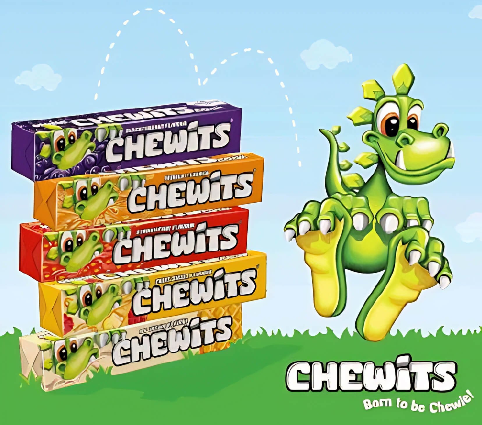 Chewie the chewitsaurus and five packets of Chewits, illustration from 2009