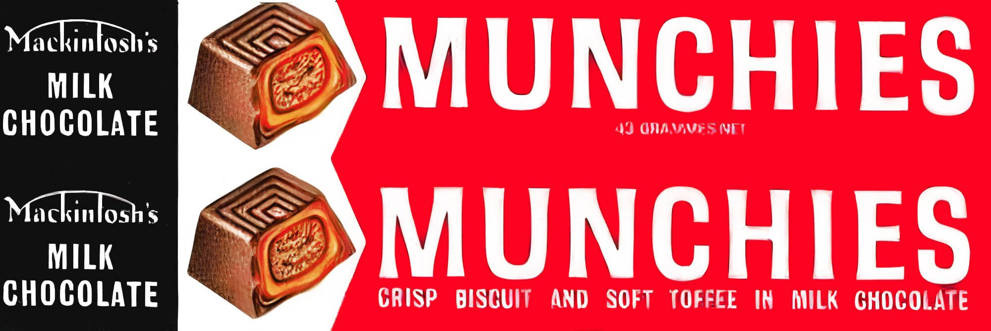 Mackintosh's Munchies wrapper 1960s. Red with white text and a black section on the left