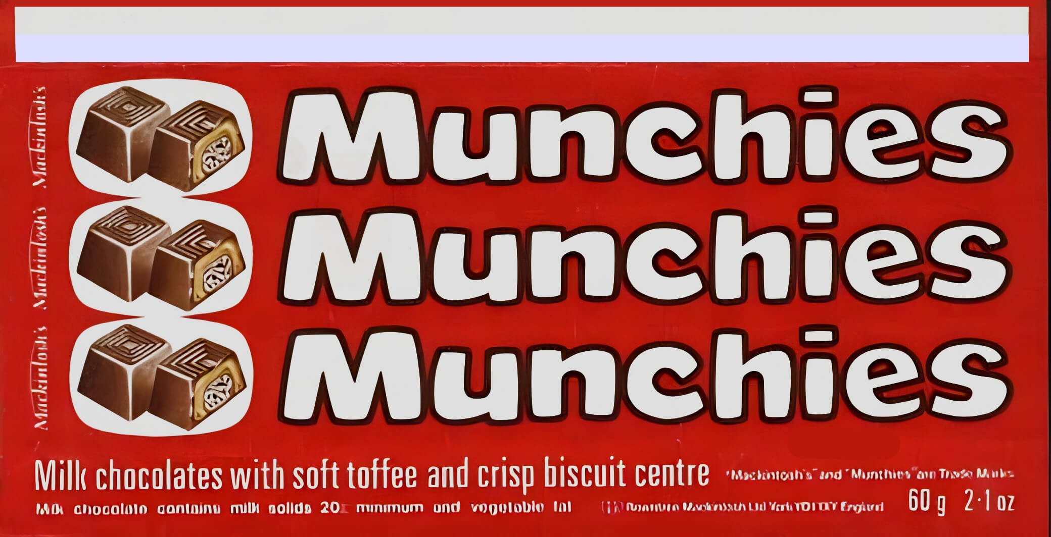 Mackintosh's Munchies wrapper from the 1970s. Red with white text.