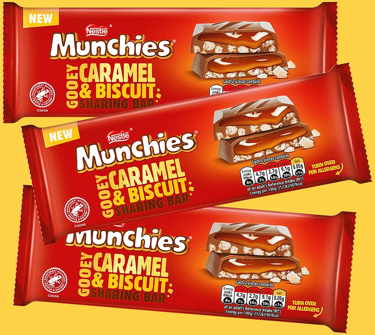 Three Munchies Sharing Bars with red wrappers and a gold coloured background