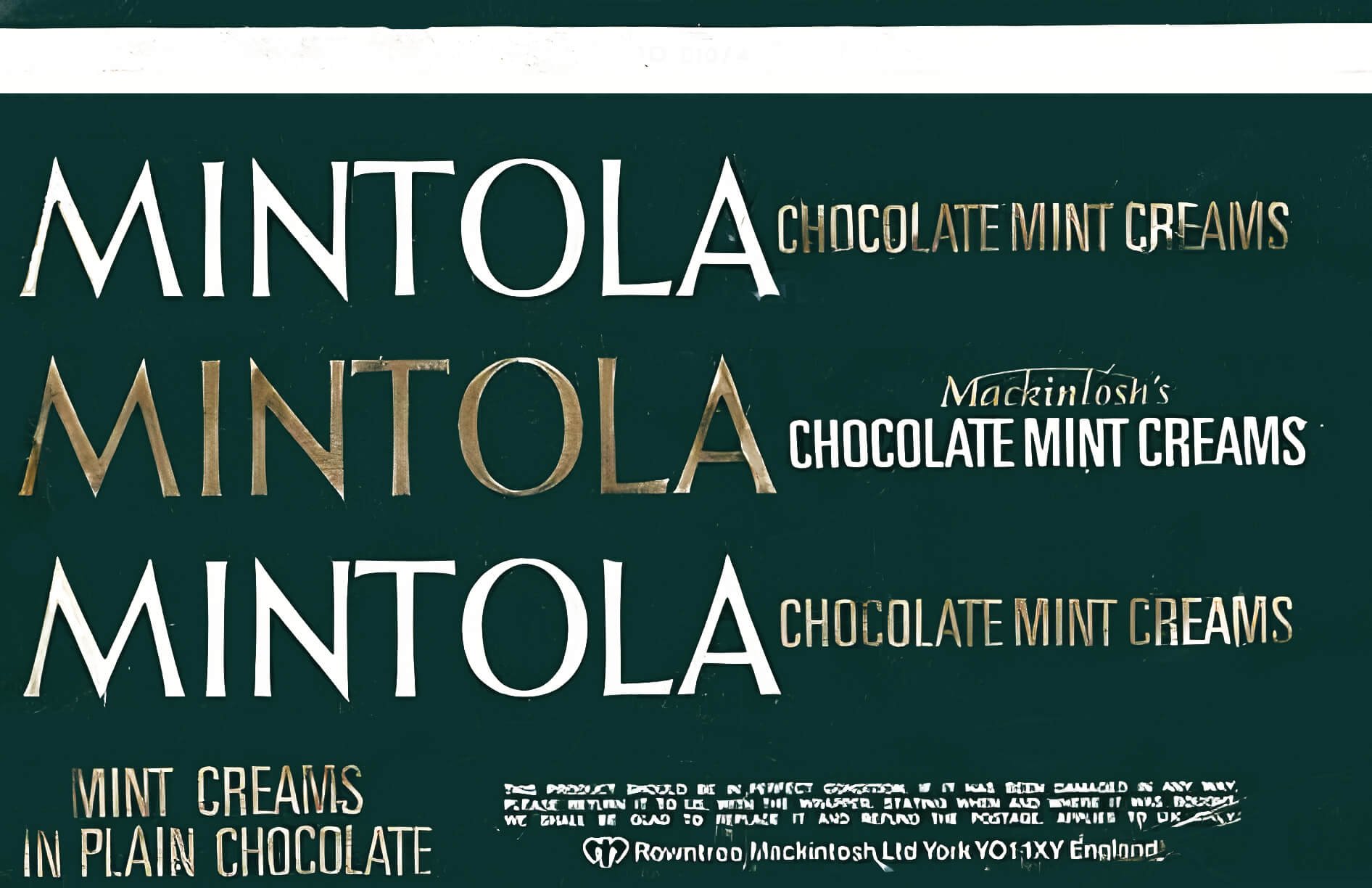 Mintola Mint Creams wrapper from the 1980s, dark green with white and gold text