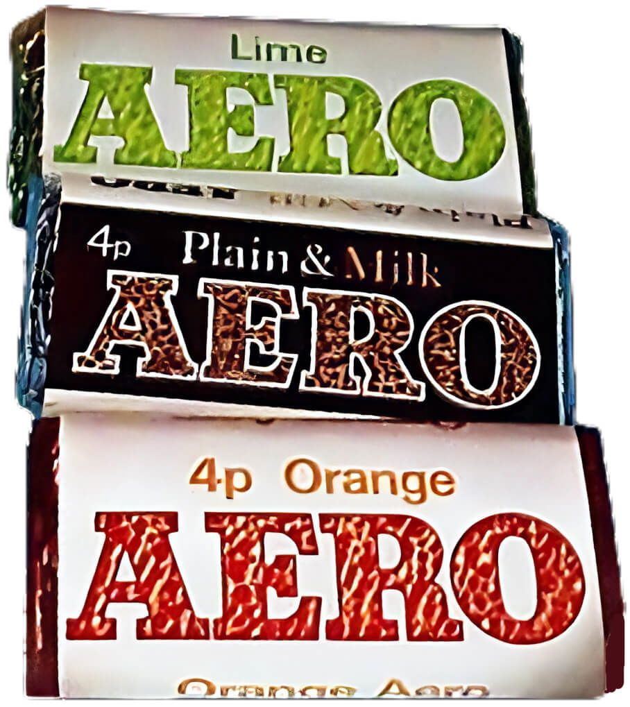 Three bars of Aero from the 1970s. Lime, Plain & Milk and Orange, price 4p