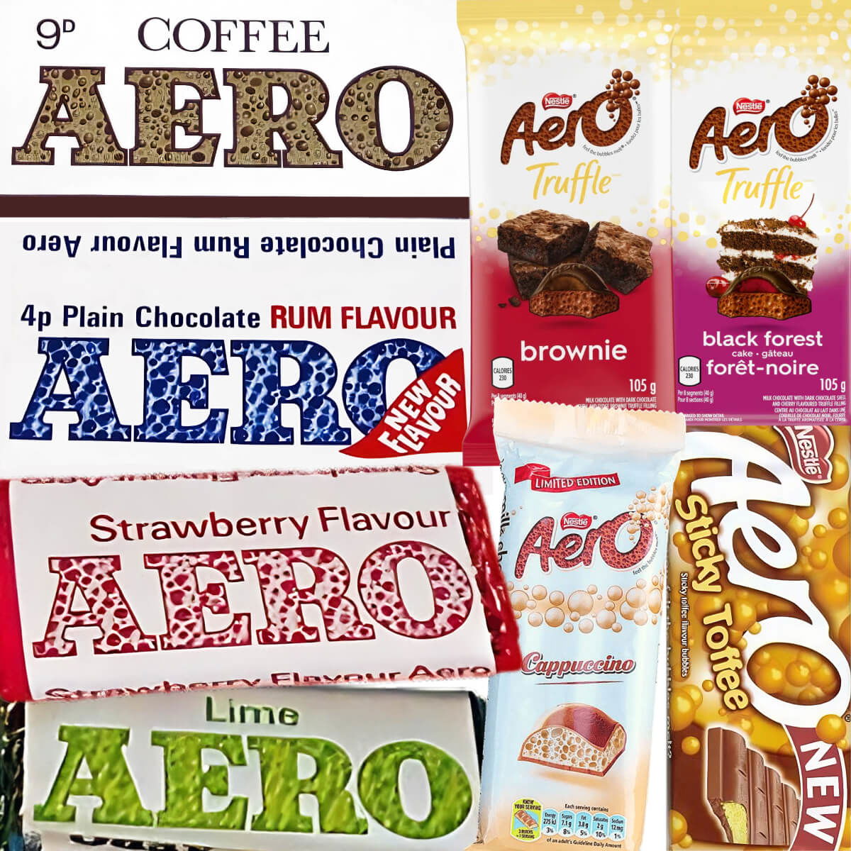 Selection of Aero chocolate bars with unusual flavours; Coffee, Rum, Strawberry, Lime, Brownie, Black Forest, Cappuccino and Sticky Toffee
