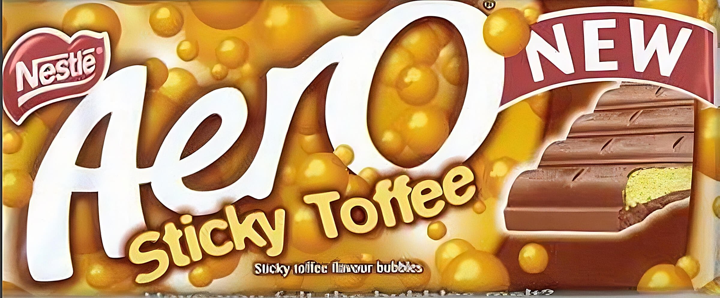 Aero Sticky Toffee Chocolate Bar from 2005 with golden coloured wrapper with bubbles