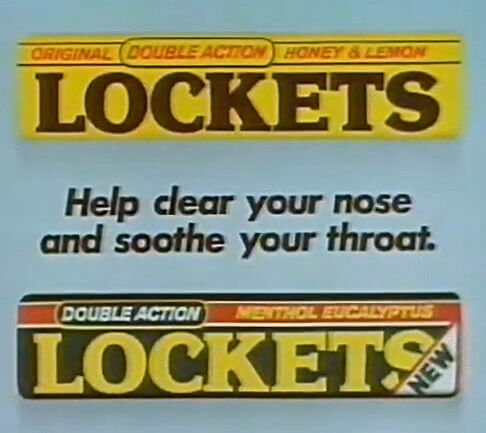 Two packets of Lockets from 1984, Honey & Lemon (yellow with brown text) and Menthol Eucalyptus (green with yellow text)