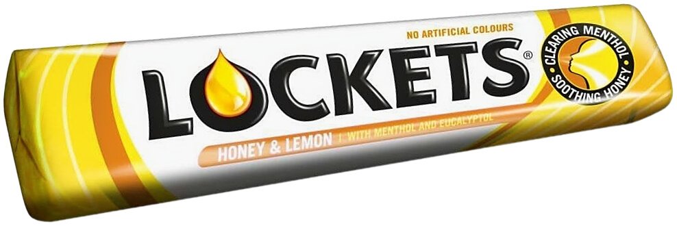 A packet of Lockets, Honey & Lemon, with yellow and white packaging and black title text.