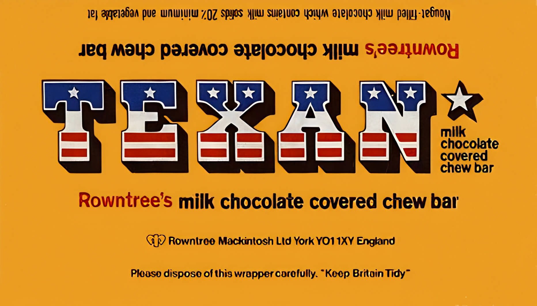 Gold coloured Texan chocolate bar wrapper from the 1970s, with stars and stripes title font