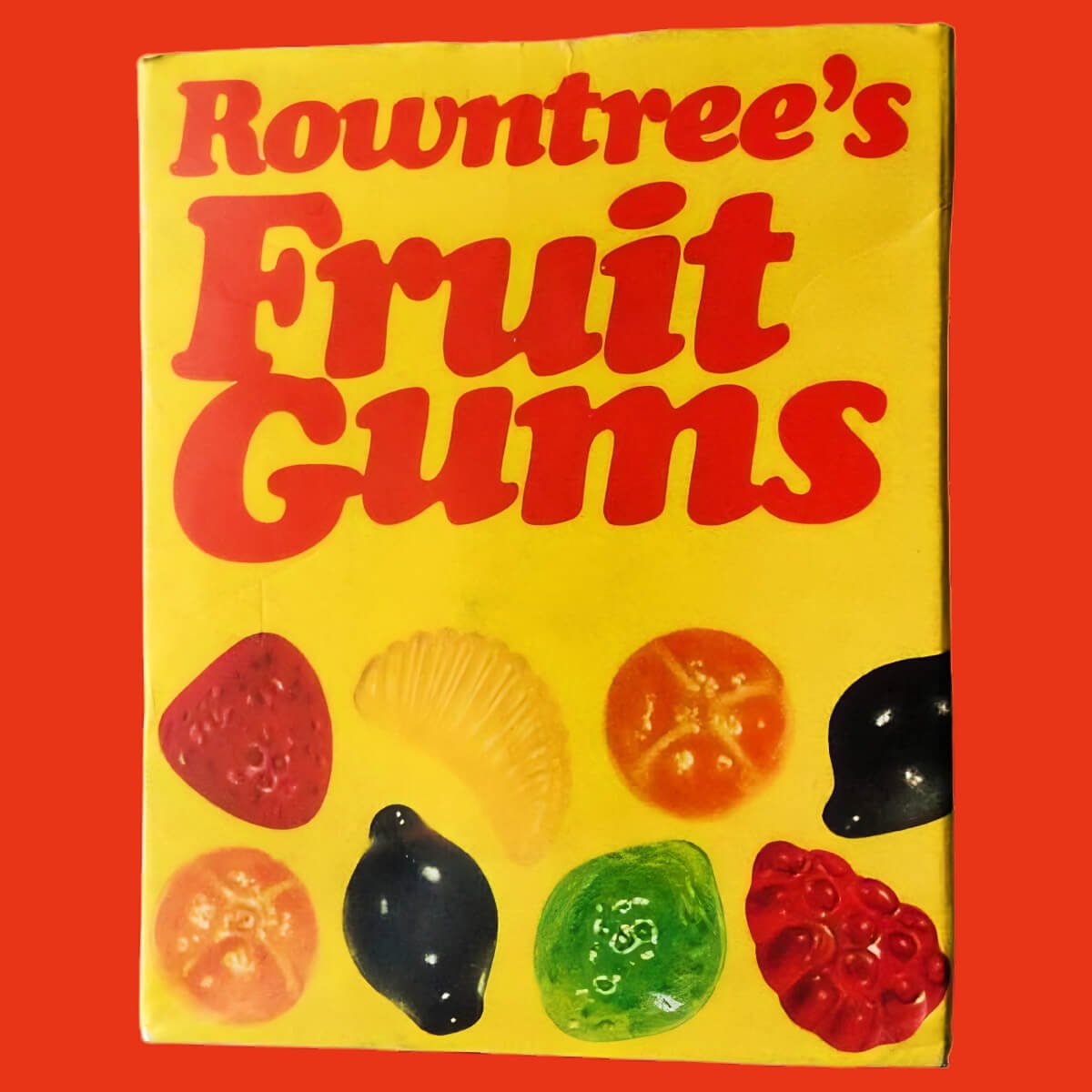 Yellow carton of Rowntree's Fruit Gums (1970s) which images of each sweet displayed.