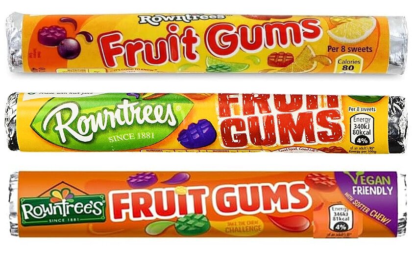 Three tubes (rolls) of Rowntree's Fruit Gums with different wrapper designs from 2012, 2015 and 2023.