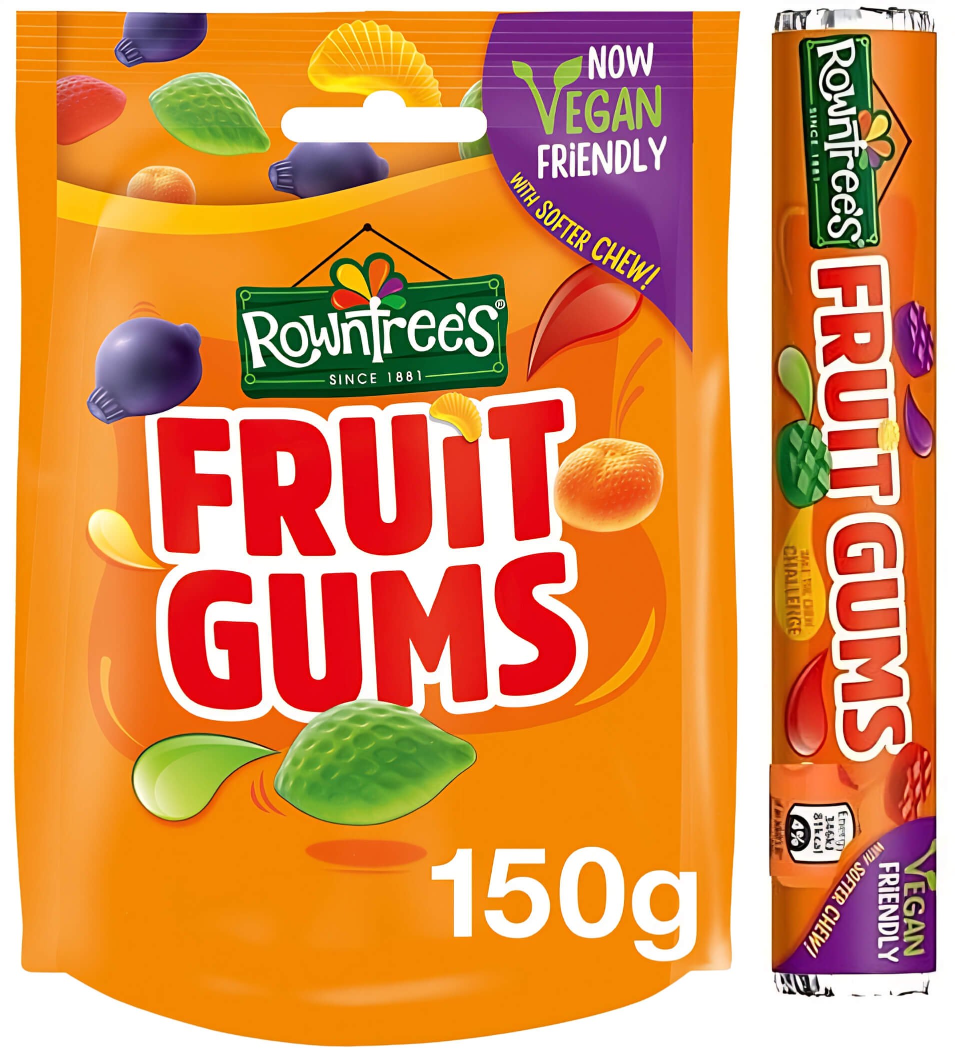 Rowntree's Fruit Gums share pouch and tube from 2022. Vegan friendly and softer chew