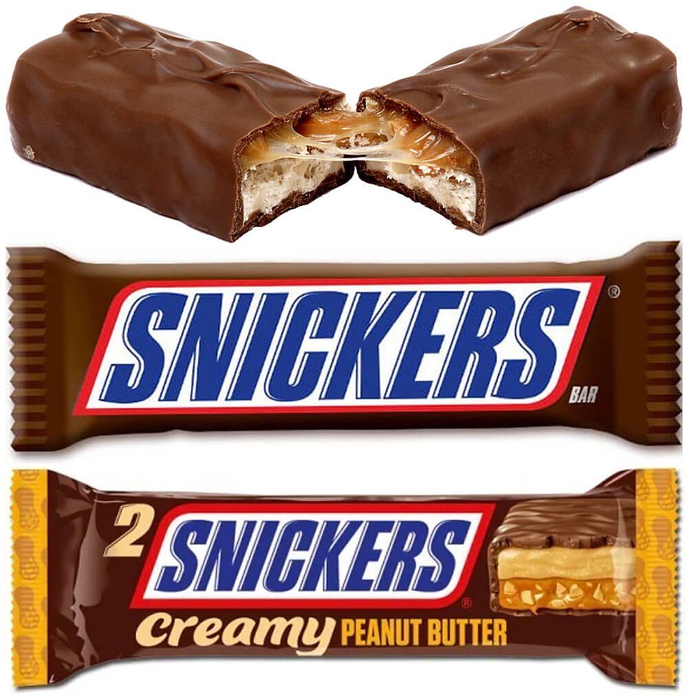 3 Snickers chocolate bars. Bar without wrapper and split in half, bar in wrapper and Creamy Peanut Butter edition