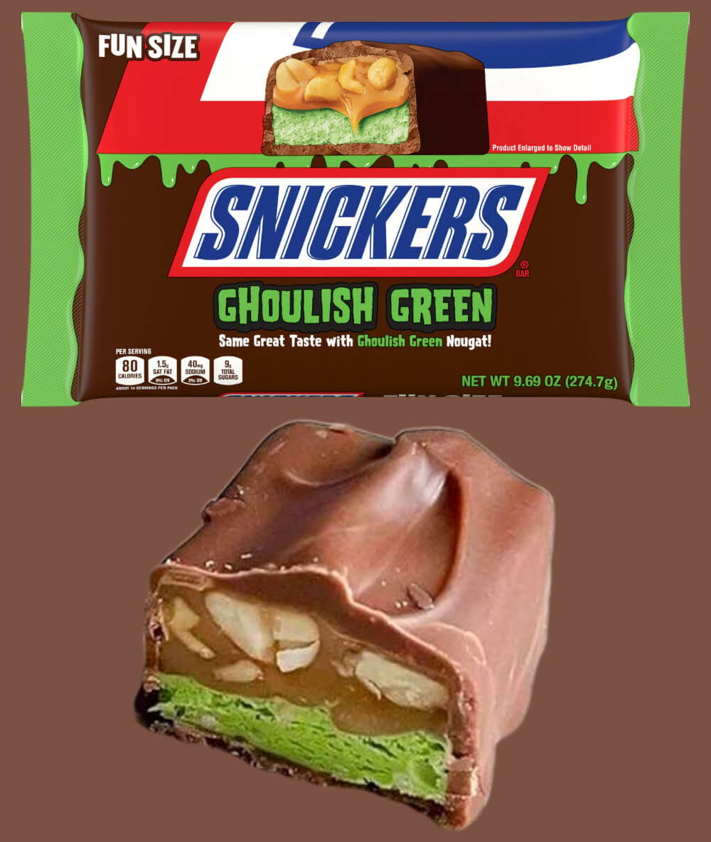 Pack of Ghoulish Green Snickers Fun Size, and bar chopped in half showing green nougat