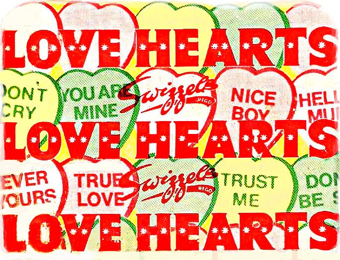 Swizzels Love Hearts wrapper from the 1970s. Red text with green and yellow background