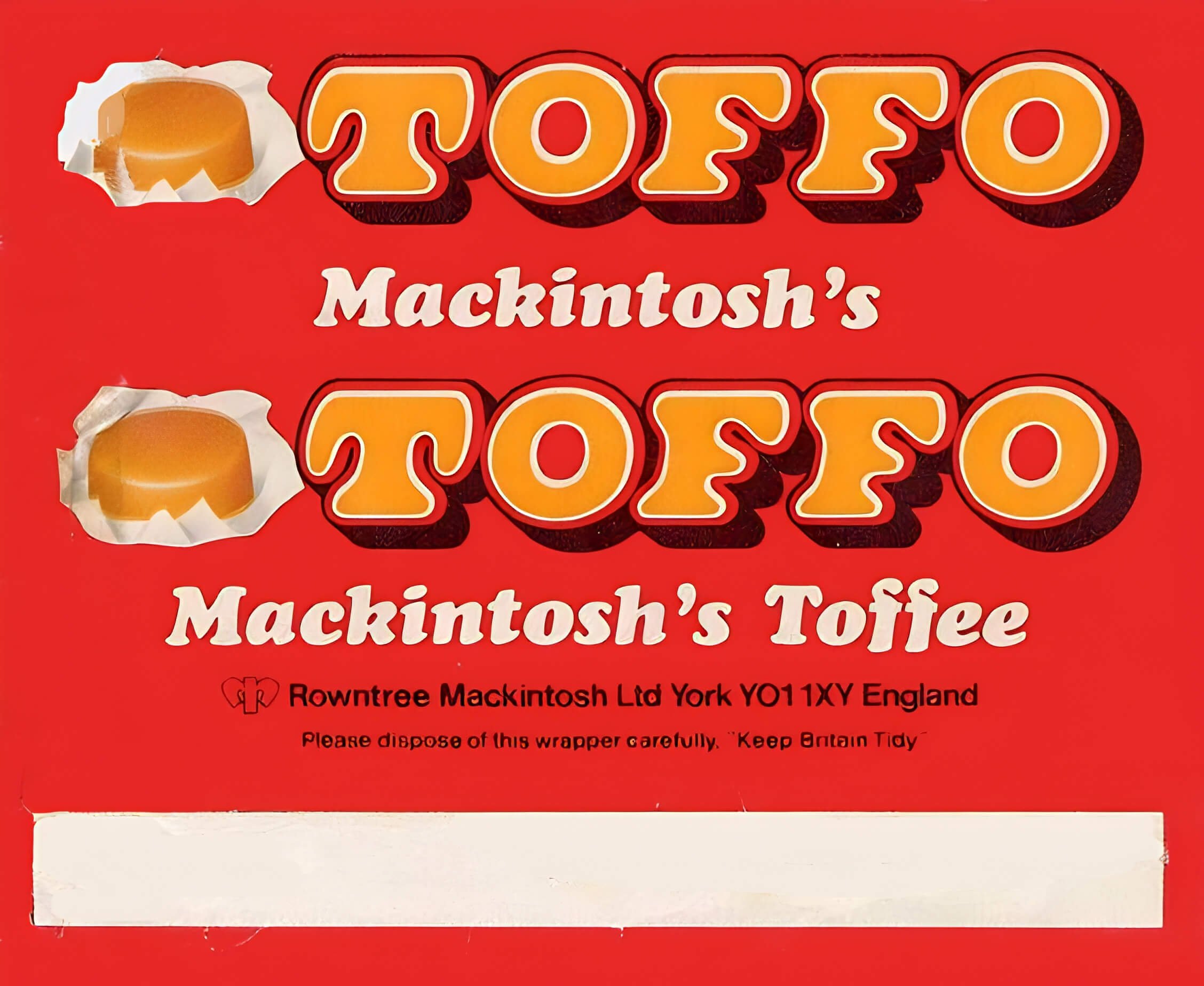 Mackintosh's TOFFO wrapper from the 1970s, red with orange and white lettering
