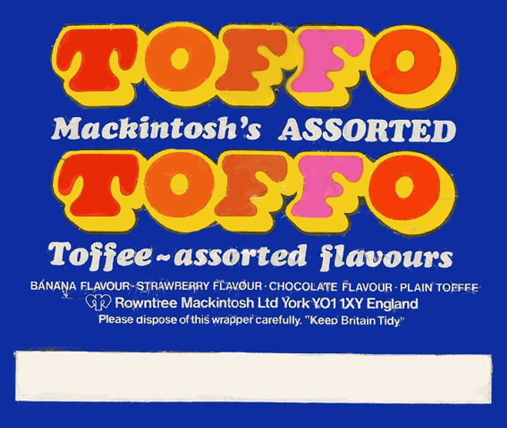 Mackintosh's Toffo Assorted Flavours Wrapper. Blue with  multi-coloured lettering with yellow shadow