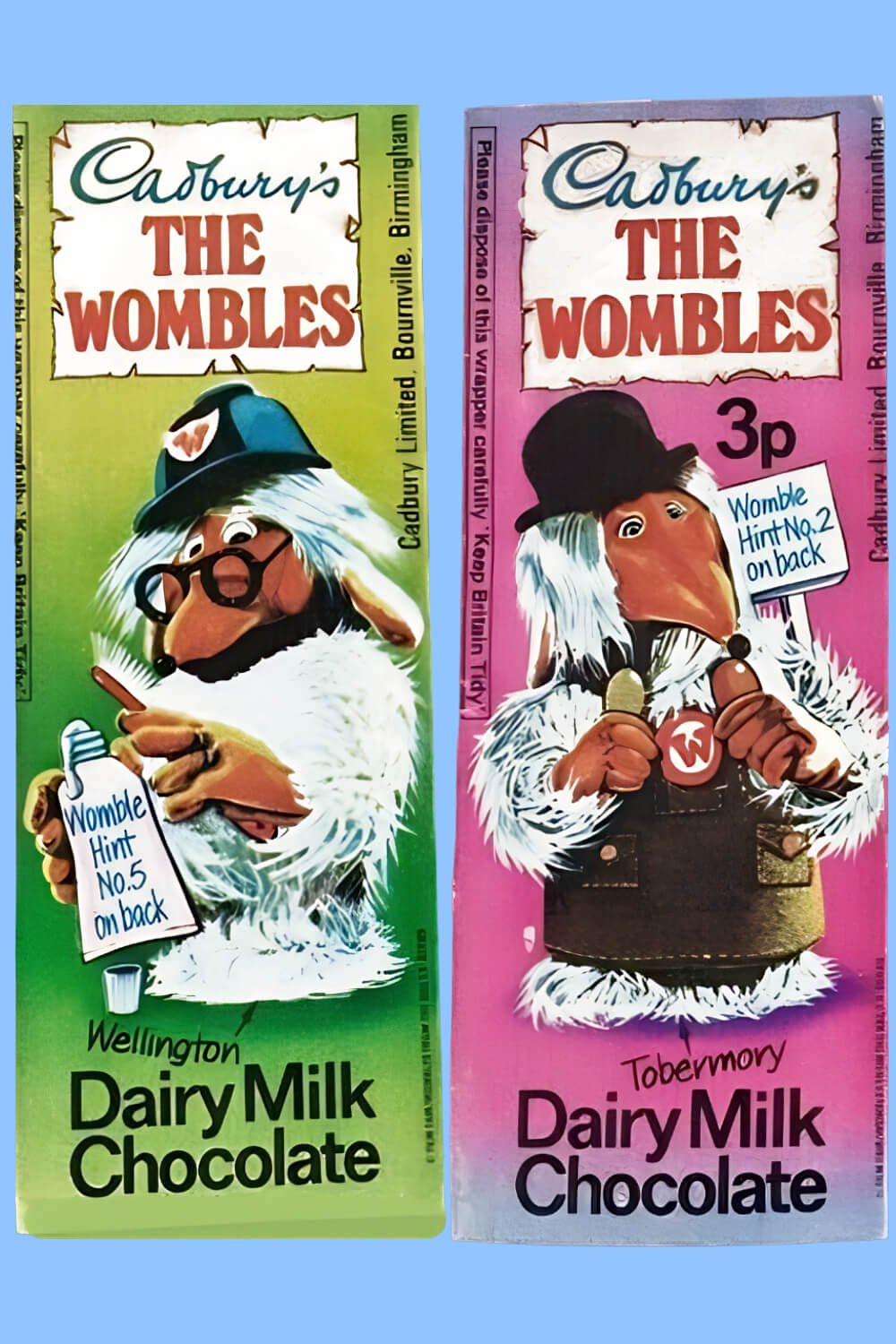 Two Cadbury's The Wombles Milk Chocolate Bars featuring Wellington (green wrapper) and Tobermory (pink wrapper)