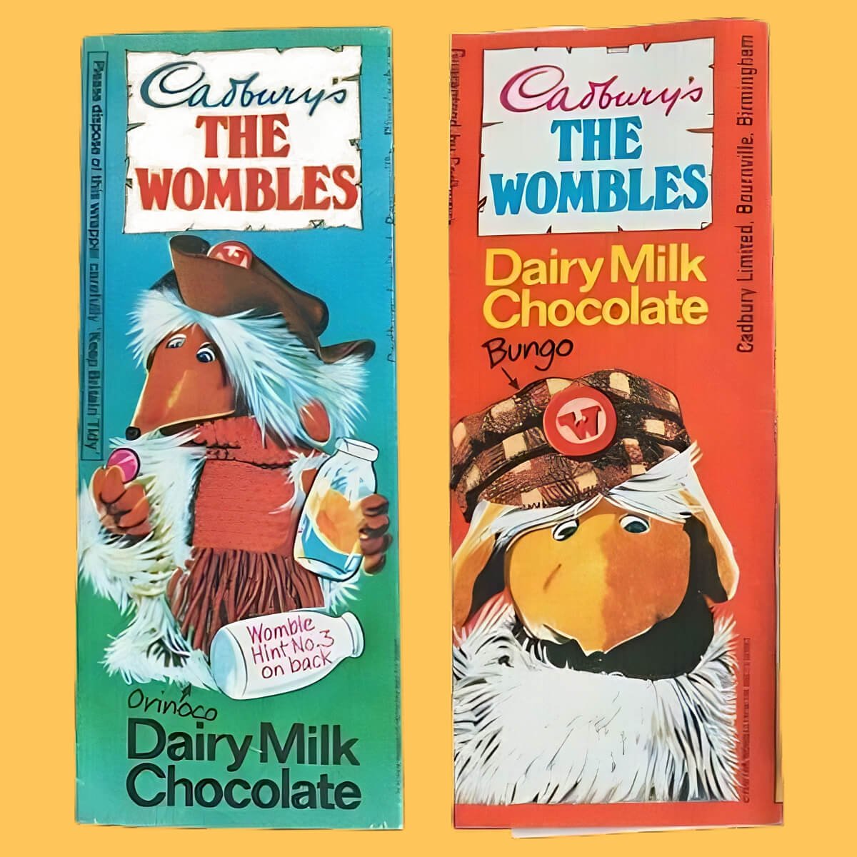 Two Cadbury's The Wombles chocolate bar wrappers featuring Orinoco (blue and green wrapper) and Bungo (orange wrapper)