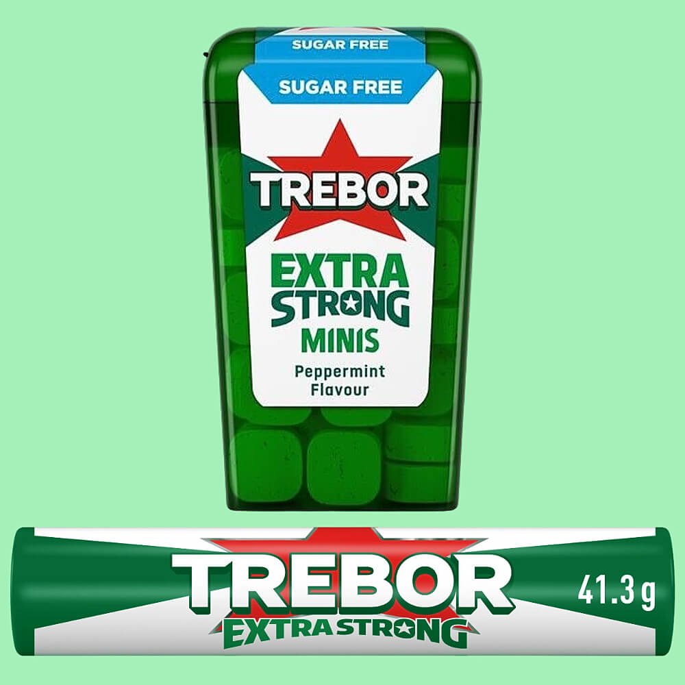 Trebor Extra Strong Mints. 1 roll of Peppermint and 1 x Extra Strong Minis sugar-free