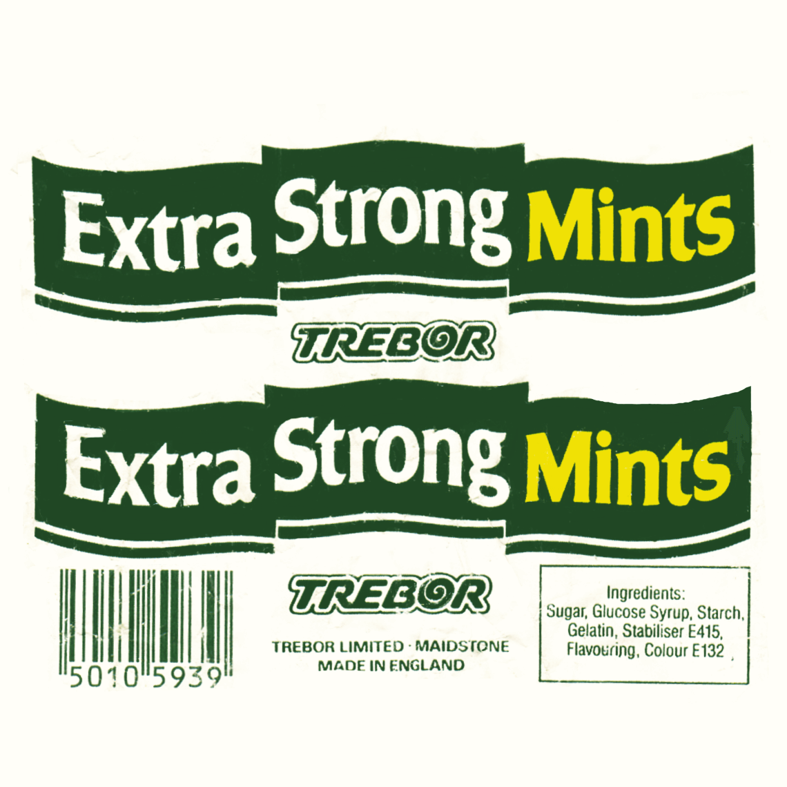 Trebor Extra Strong Mints wrapper design from 1985, green and yellow text with white background