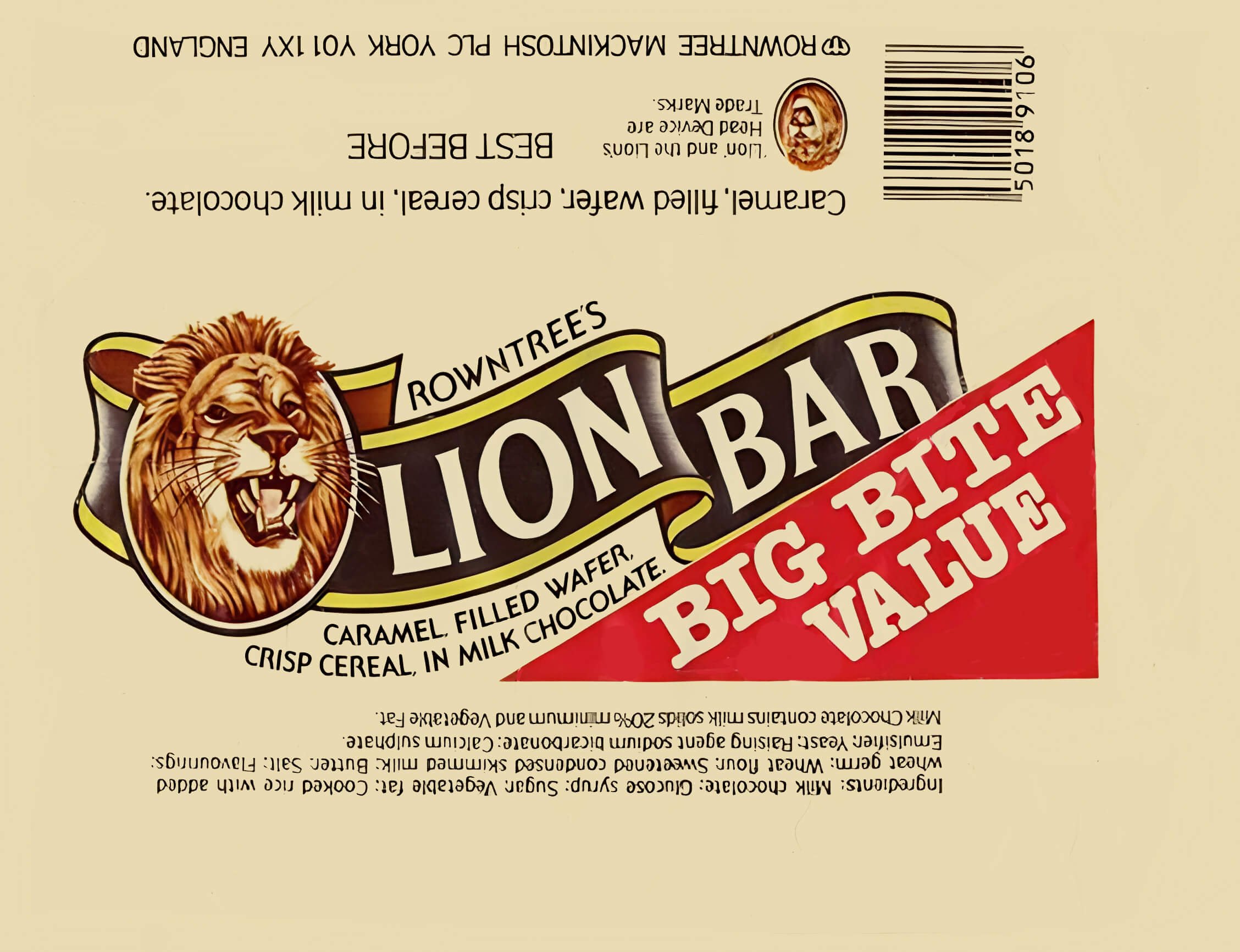 Rowntree's Lion Bar wrapper from 1985, cream wuth brown and yellow banner and "Big Bite Value" text with a red background.