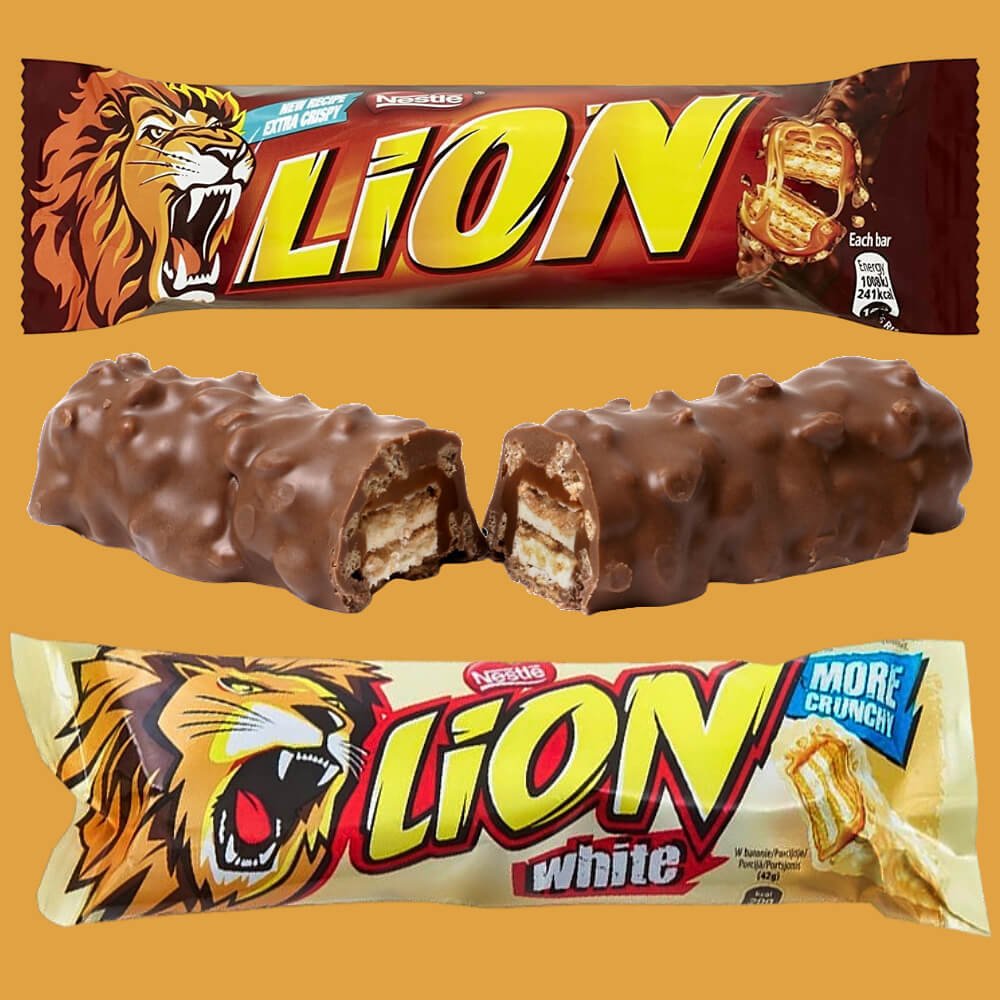 Nestlé Lion Bar in wrapper and without wrapper, and Lion Bar White in wrapper. From 2023.