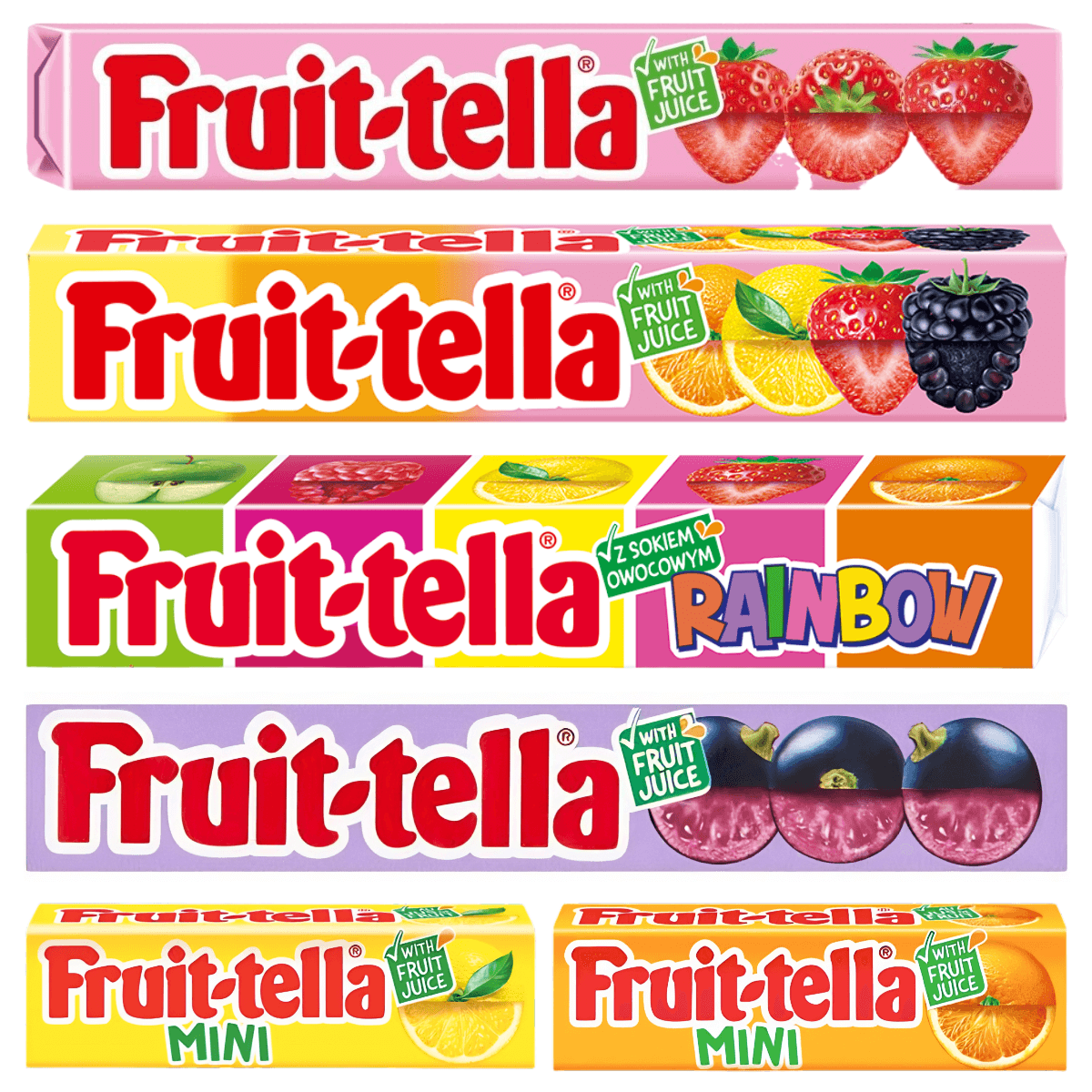 Fruit-Tella sticks inc. Strawberry, Summer Fruits, Rainbow, Blackcurrant and Mini Sticks Lemon and Orange