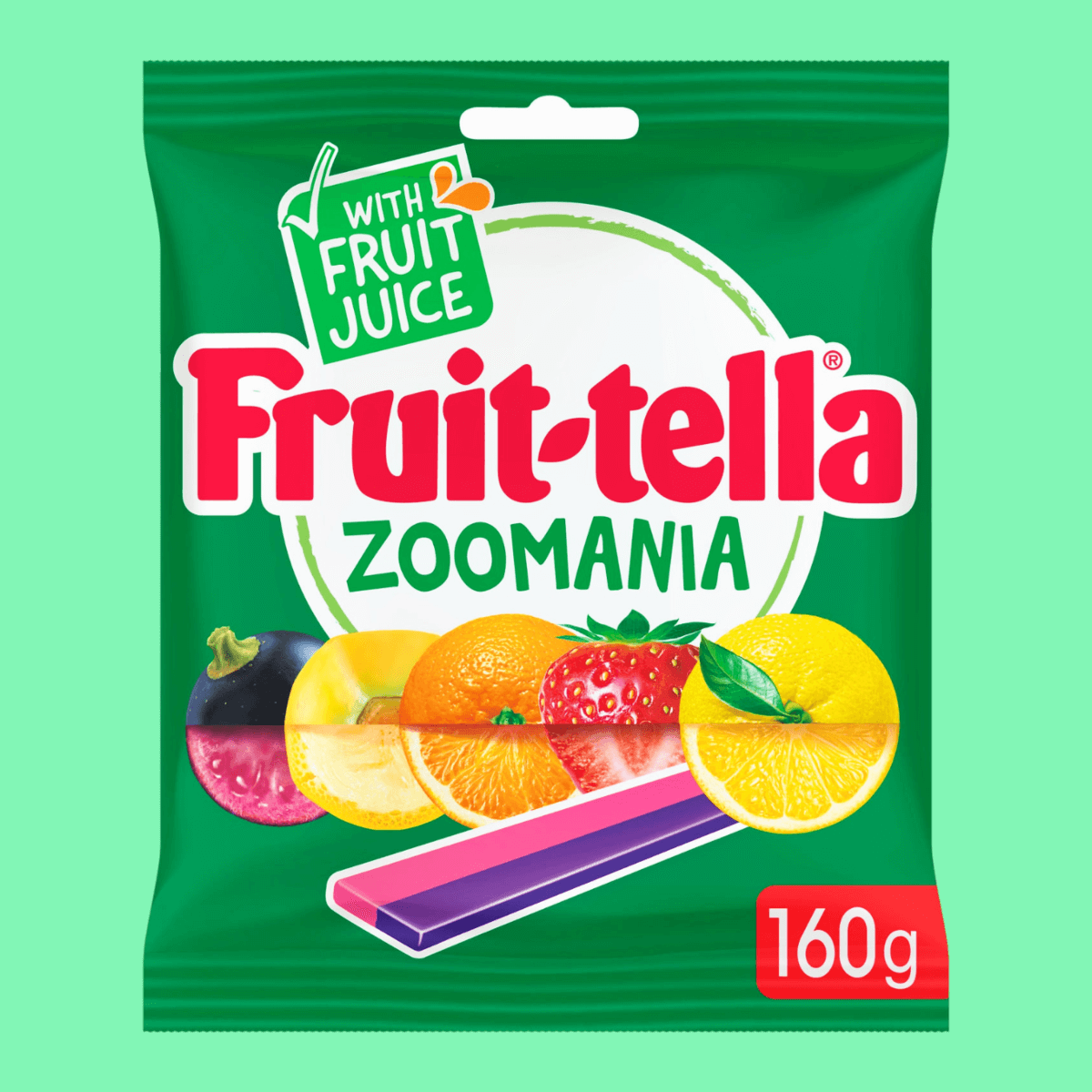 Pouch of Fruit-tella Zoo Mania. Green packaging with red title text and pictures of fruits sliced in half