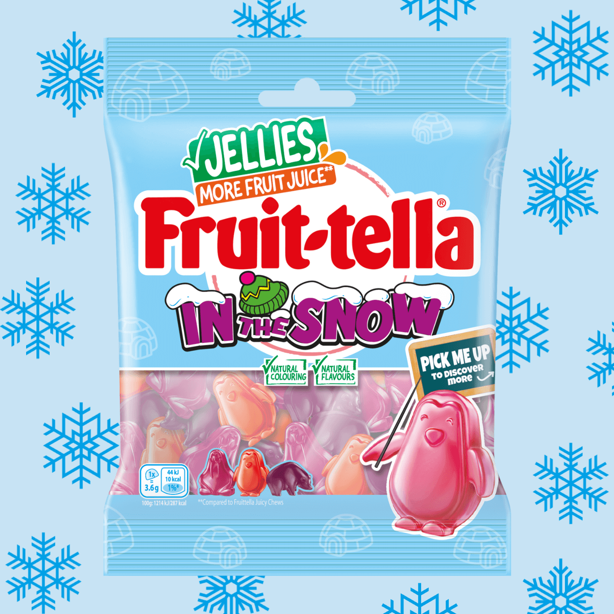 Bag of Fruit-tella In The Snow Jellies with light blue packaging and snowflake background graphics