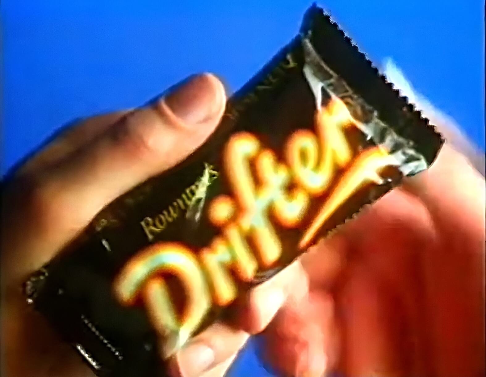 Original Rowntree's Drifter chocolate bar with brown wrapper and red and yellow text font (1981)