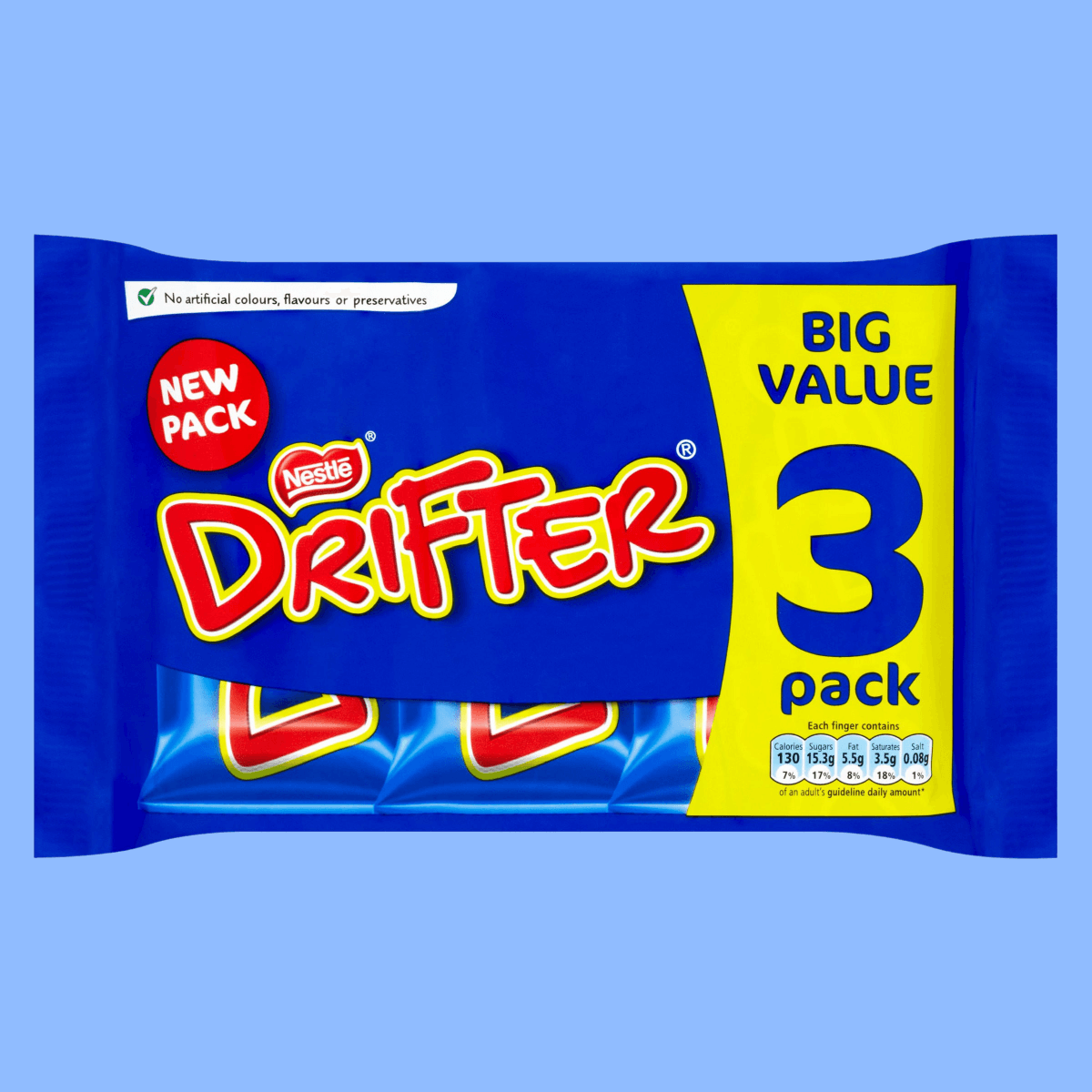 Drifter chocolate bars 3 pack from 2017, with blue wrapper and red and yellow logo text