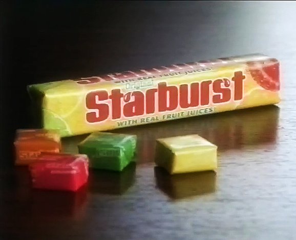 The first UK version of Starburst. Stick (tube) from 1998 with loose sweets. Red logo and yellow wrapper.