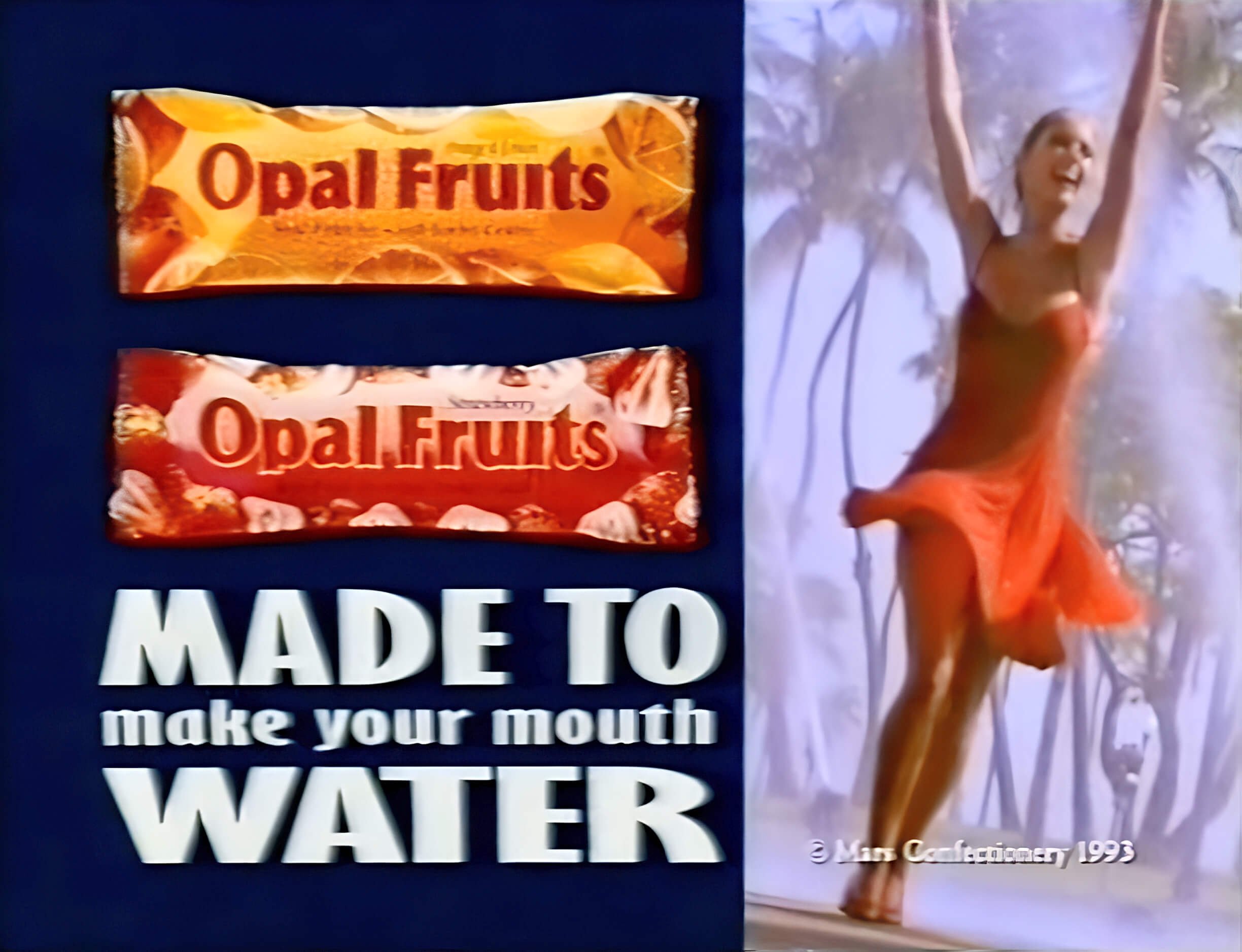 Opal Fruits Ice advert screenshot from TV ad (1993). Left: Two Opal Fruits Ice products with Made To Make Your Mouth Water tagline. Right: Woman in red dress with arms in the air.