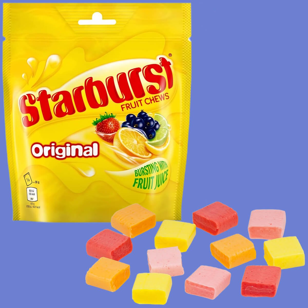 A pouch of Starburst (yellow) from 2023, with loose sweets unwrapped in front of it.