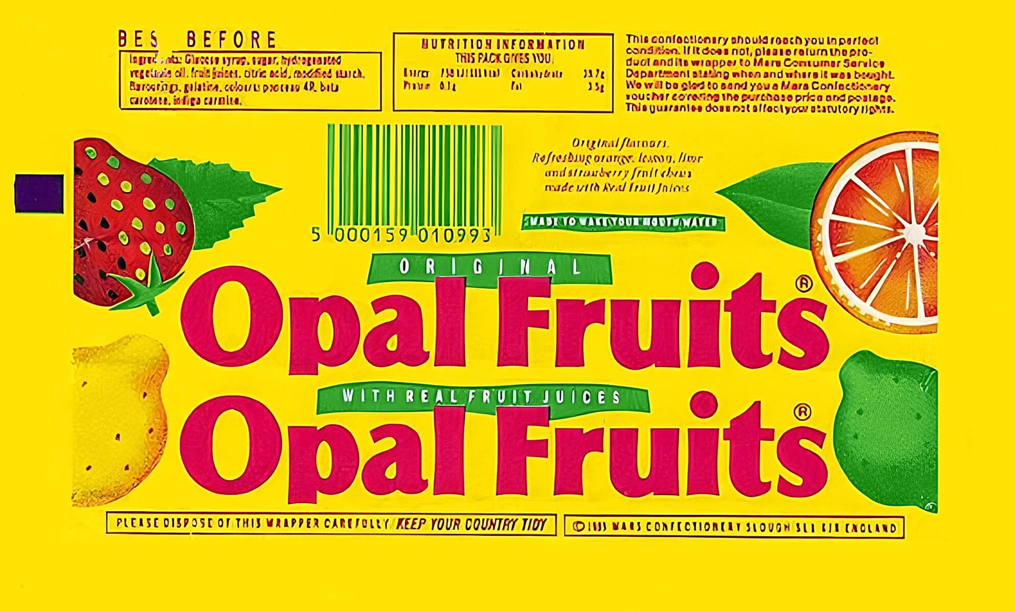 Opal Fruits wrapper from 1990. Yellow with red logo