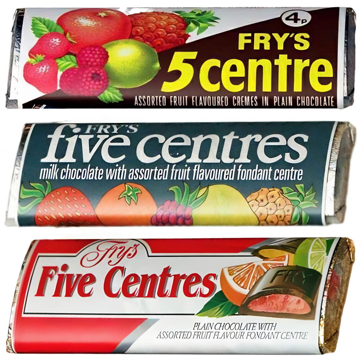 3 bars of Fry's Five Centres with different wrappers, from the 1970s and 80s.
