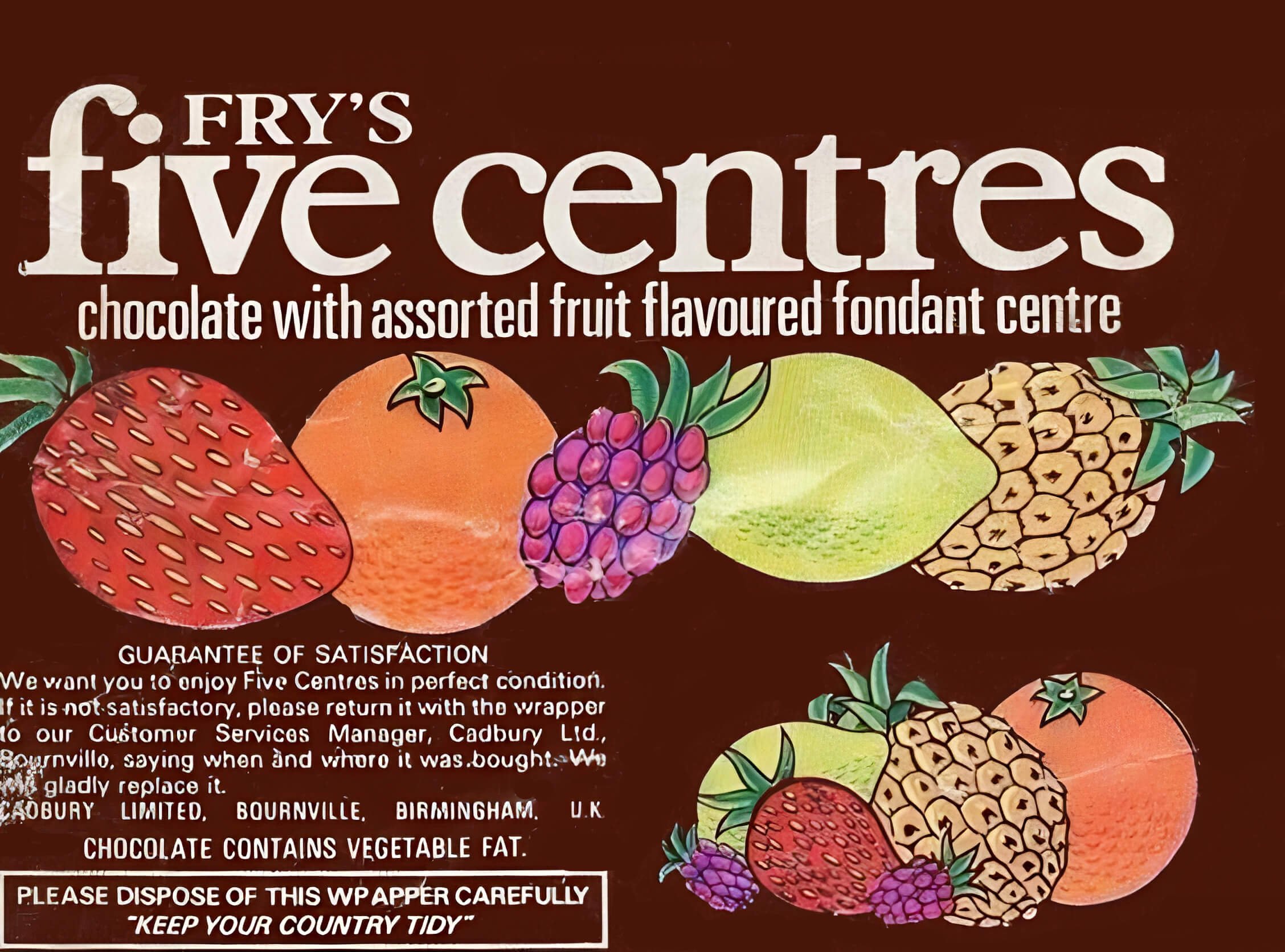 Fry's Five Centres chocolate bar wrapper from the 1970s, brown colour.