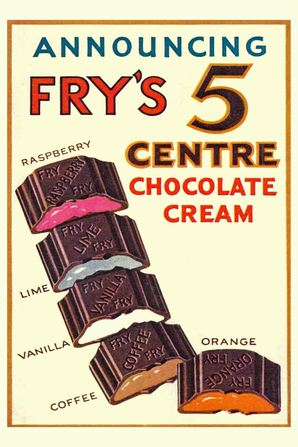 Vintage advert for Fry's 5 Centre Chocolate cream from 1934