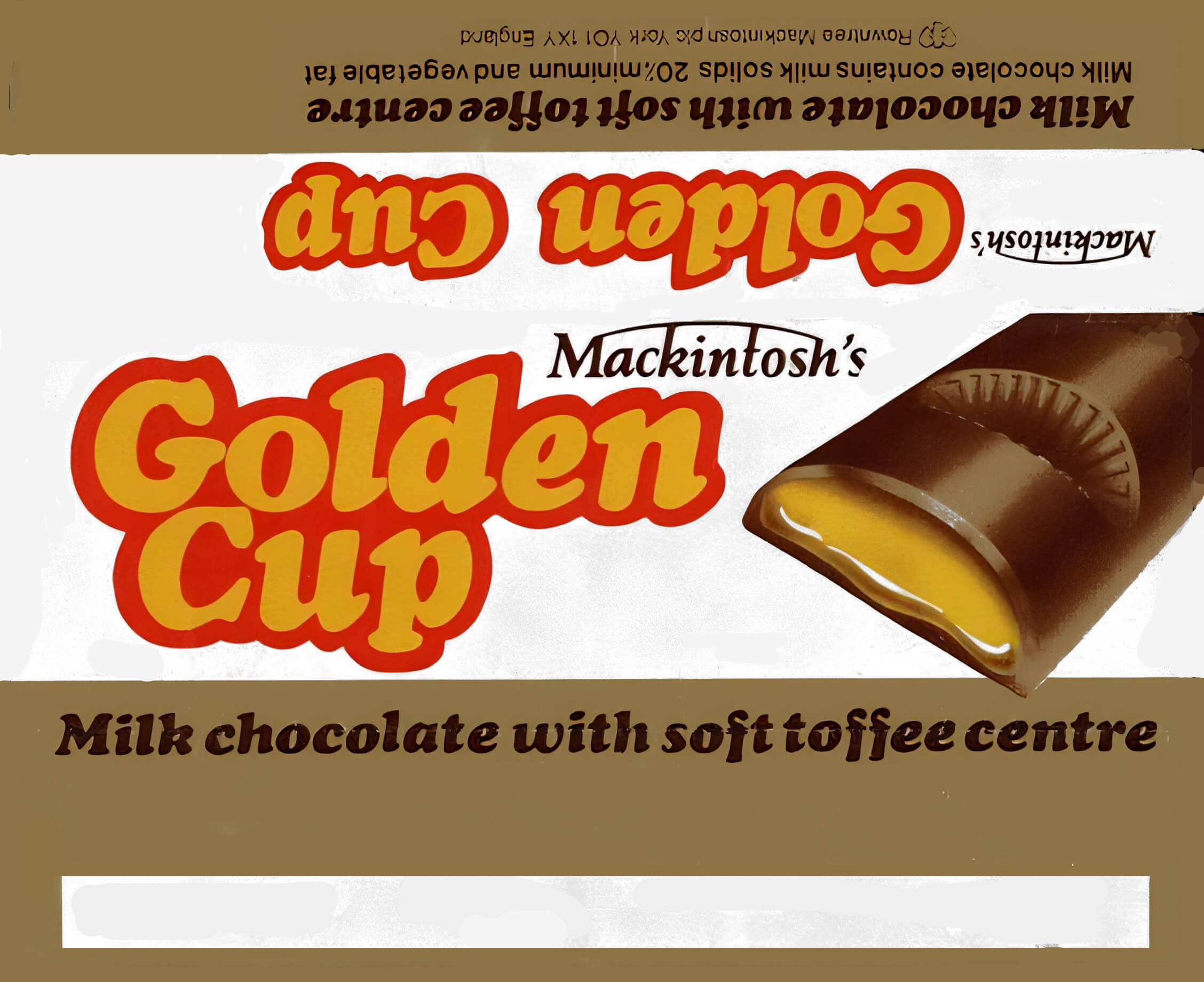 Mackintosh's Golden Cup wrapper. White an gold with yellow text logo and red surround