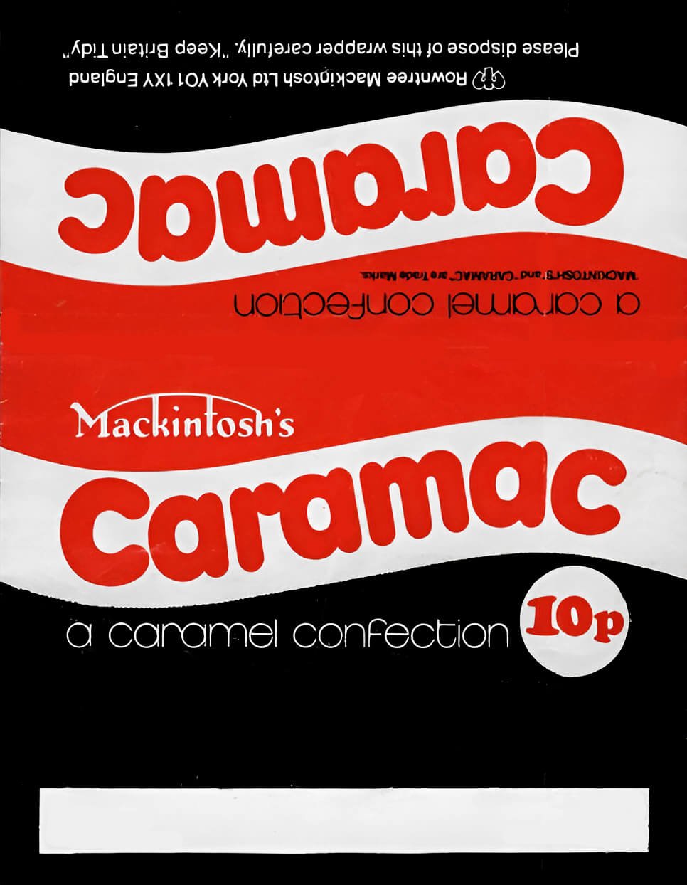 Mackintosh's Caramac wrapper from late 1970s. Black, red and white.