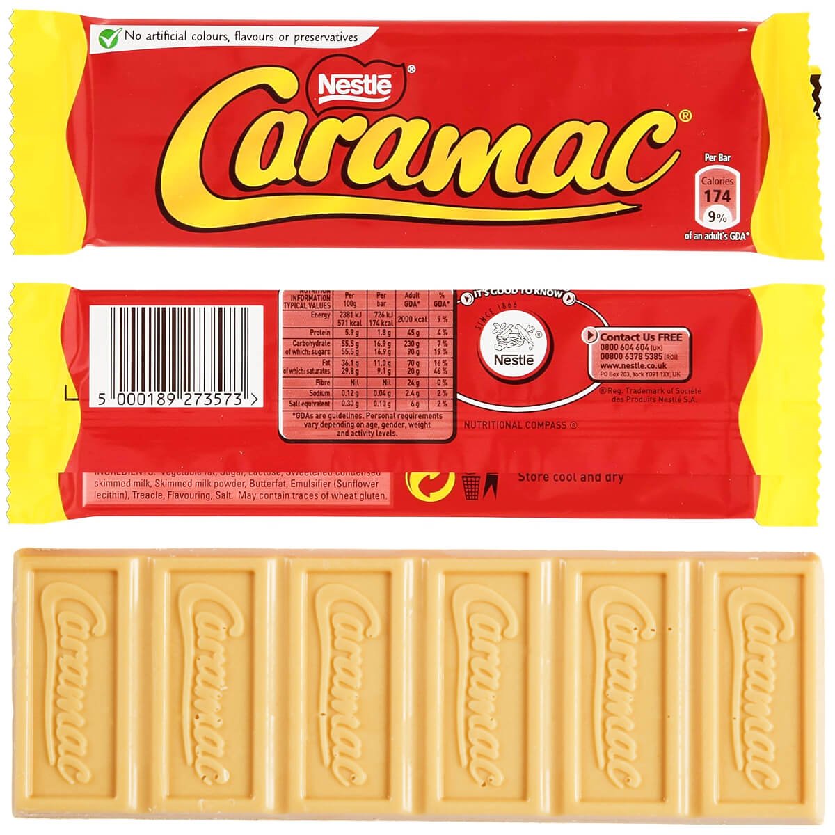 Nestle Caramac wrapper from 2023 (red and yellow) and loose bar with six segments.