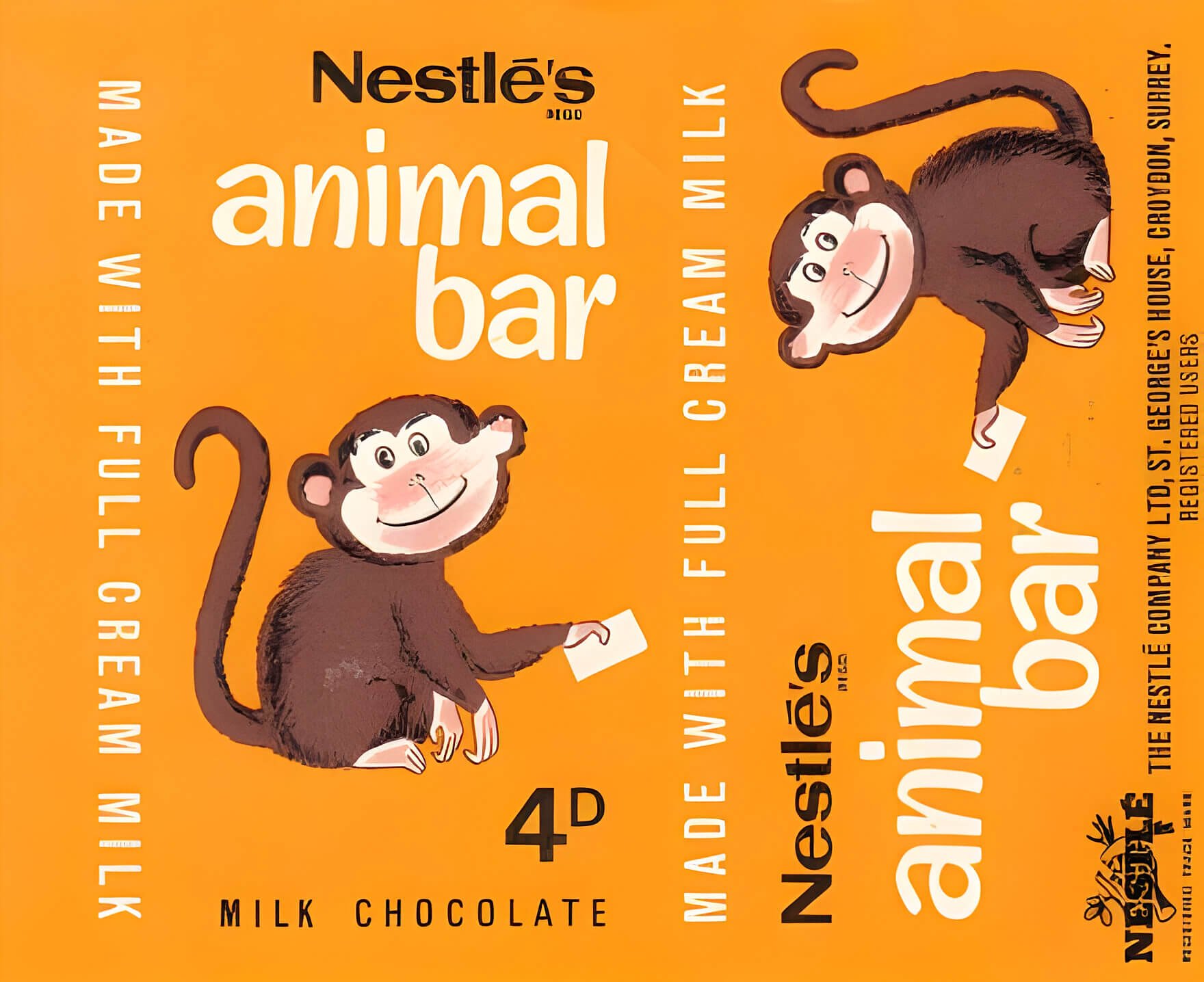Orange Nestle Animal Bar wrapper featuring a monkey, from 1960s, price 4D.