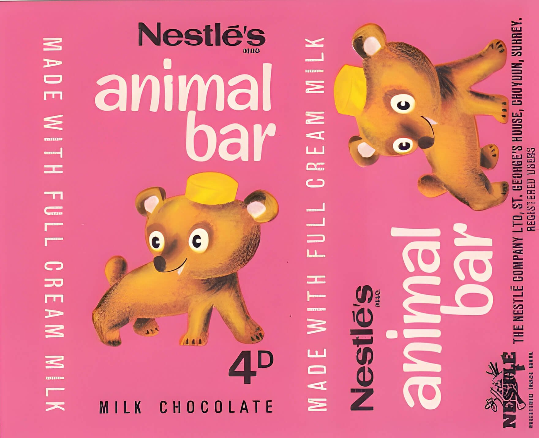Nestle Animal Bar pink wrapper featuring a bear, from 1960s, price 4D.
